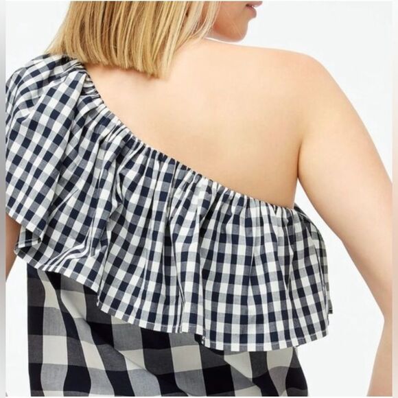 J. Crew White and Navy Gingham Ruffle One Shoulder Blouse - Picture 4 of 10